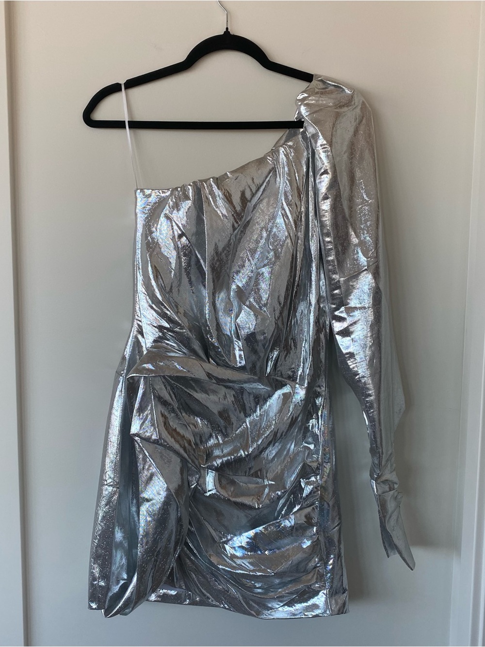 IRO Paris Metallic Silver One-Shoulder Draped Mini Dress